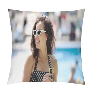 Personality  Cheerful Young Woman In Sunglasses Holding Cocktail In Glass Pillow Covers
