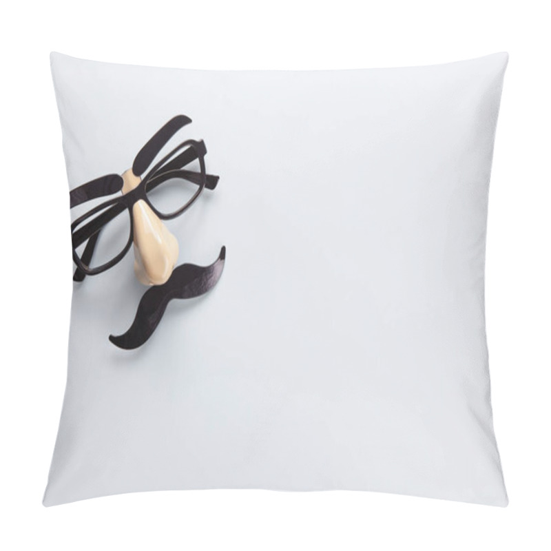 Personality  Carnival mask with moustache, nose and glasses on grey background, copy space. Concept Movember, mens health, prostate cancer awareness month, charity, Fathers Day. Horizontal. Minimalism flat lay pillow covers