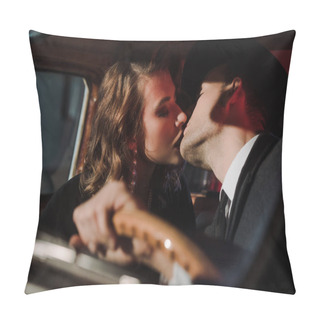 Personality  Selective Focus Of Couple Kissing In Retro Car  Pillow Covers