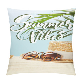 Personality  Sunglasses Near Straw Hat And Seashells In Summertime Isolated On Blue With Summer Vibes Illustration Pillow Covers