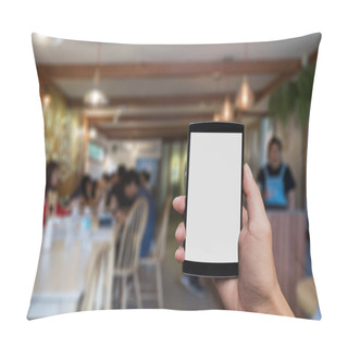 Personality  Close Up Of A Man Using Smart Phone With Blank Mobile And Cup Of Pillow Covers