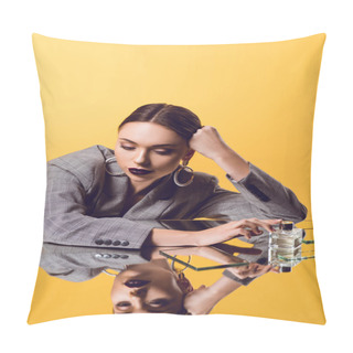 Personality  Pensive Glamorous Woman In Formal Wear With Mirror Reflection And Perfume Bottle Isolated On Yellow Pillow Covers