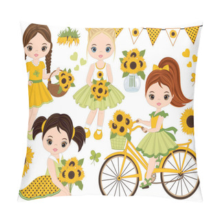 Personality  Vector Set With Cute Little Girls, Bicycle With Basket And Sunflowers Pillow Covers