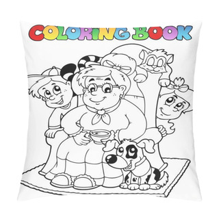 Personality  Coloring Book With Grandma And Kids - Vector Illustration. Pillow Covers