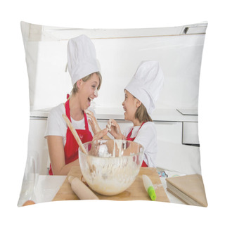 Personality  Young Mother And Little Sweet Daughter In Cook Hat And Apron Cooking Together Baking At Home Kitchen Pillow Covers