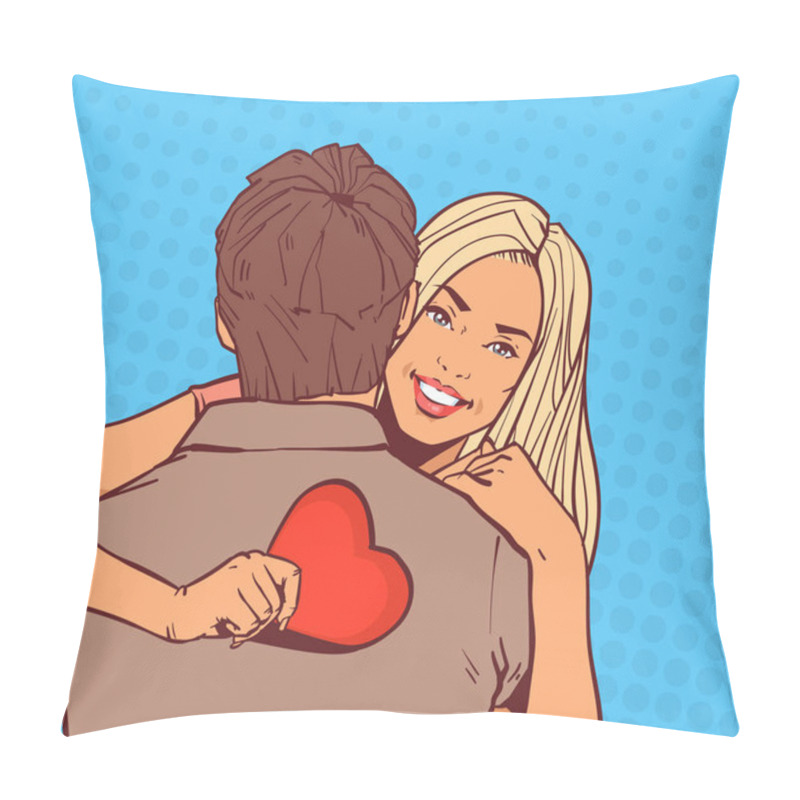 Personality  Beautiful Girl Embrace Man Holding Red Heart Happy Smiling Over Comic Pop Art Background Valentines Day Holiday Concept pillow covers