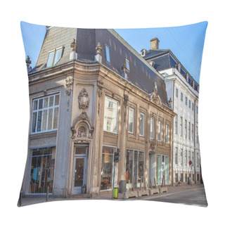 Personality  Beautiful Historical Building With Large Windows And Decorative Sculptures On Street In Copenhagen, Denmark Pillow Covers