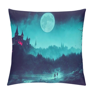 Personality  3D Render Of Dracula Castle Is Lit In A Forest At Night With A Full Moon. Pillow Covers