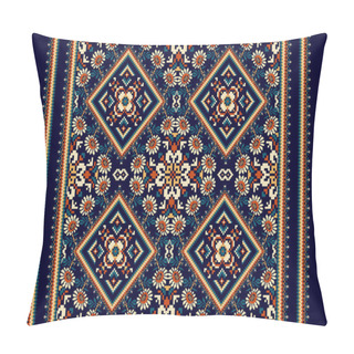 Personality  Geometric Ethnic Oriental Pattern Vector Illustration.floral Pixel Art Embroidery On Navy Blue Background,Aztec Style,abstract Background.design For Texture,fabric,clothing,wrapping,decoration,scarf. Pillow Covers