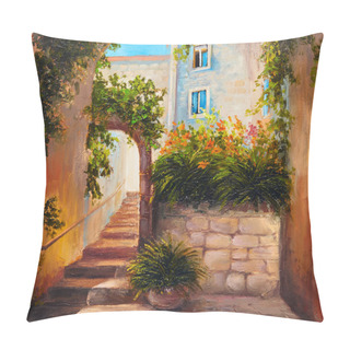 Personality  Oil Painting - Summer Street With Blooming Flowers. Colorful Abs Pillow Covers