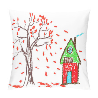 Personality  Cozy Cute Country House Under Autumn Tree And Falling Leaves. Crayon Hand Drawing Funny Doodle Scene. Cartoon Pastel Chalk Or Pencil Kids Painting Simple Vector Style. Childlike Illustration.  Pillow Covers