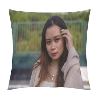 Personality  A Shallow Focus Shot Of A Young Asian Female Posing In The Outdoor Pillow Covers