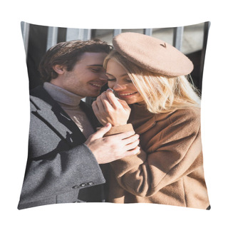 Personality  Young Man Touching Hand Of Smiling Woman In Beret Outdoors Pillow Covers