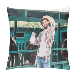 Personality  Farmer With Fresh Milk In Stall Pillow Covers