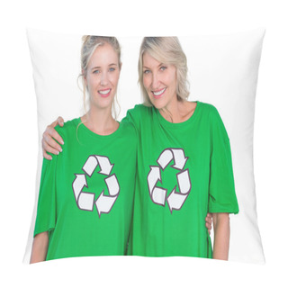 Personality  Two Smiling Women Wearing Green Recycling Tshirts Pillow Covers