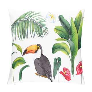 Personality  Tropical Set With Toucan Bird, Banana Leaves, Palm, Exotic Anthurium Flowers And Plumeria Frangipani Flower. Watercolor On White Background. Isolated Elements For Design. Pillow Covers