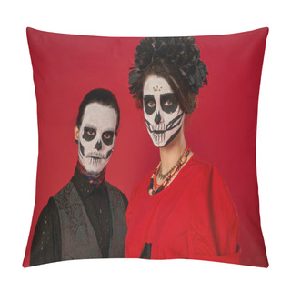 Personality  Eerie Couple In Traditional Catrina Makeup Looking At Camera On Red, Dia De Los Muertos Celebration Pillow Covers