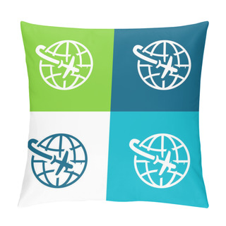 Personality  Airplane Flight Around The Planet Flat Four Color Minimal Icon Set Pillow Covers