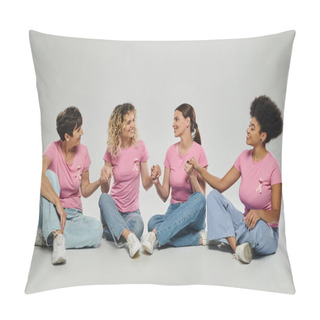 Personality  Happy Interracial Women Different Age Holding Hands On Grey Backdrop, Breast Cancer Awareness Pillow Covers