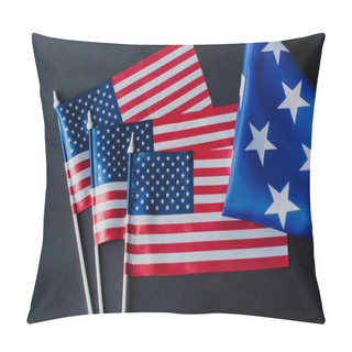 Personality  Top View Of Three American Flags Near Folded Fabric With Stars During Memorial Day Isolated On Black  Pillow Covers