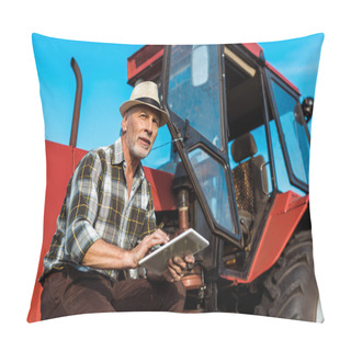 Personality  Senior Farmer In Straw Hat Using Digital Tablet Near Red Tractor  Pillow Covers