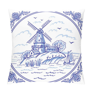 Personality  Landscape With A Windmill And A Boat In Blue Colors In A Patterned Frame, Delft Style Decor, Gzhel Painting, Chinese Porcelain, Vector Illustration, Decor For Various Designs. Pillow Covers