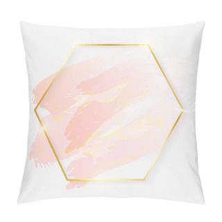 Personality  Gold Shiny Glowing Hexagon Frame With Rose Pastel Brush Strokes Isolated On White Background. Golden Luxury Line Border For Invitation, Card, Sale, Fashion, Wedding, Photo Etc. Vector Illustration Pillow Covers
