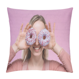 Personality  Smiling Young Woman Covering Eyes With Doughnuts In Front Of Pink Brick Wall Pillow Covers
