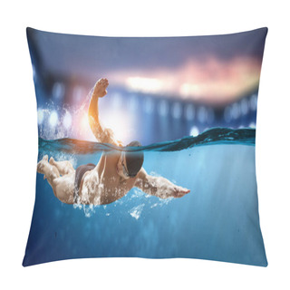 Personality  Swimmer At Competition. Mixed Media Pillow Covers
