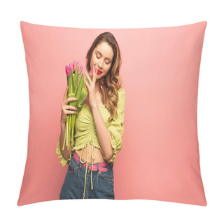 Personality  Joyful Woman Smelling Tulips Isolated On Pink Pillow Covers