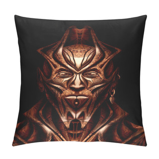 Personality  Copper Character, Man With Earring, Alien, Extraterrestrial Organism, Humanoid, With Pointed Ears, Forked Chin, Headdress And Bone Neck, In Rough Clothing With Sharp Collar, Folds, All In Patterns. Pillow Covers