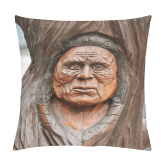 Personality  Wooden Carving Indian Man Portrait In Canada Pillow Covers