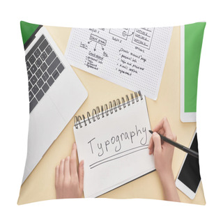 Personality  Cropped View Of Designer Writing Typography Lettering In Notebook Near Website Design Template And Gadgets On Yellow Background Pillow Covers