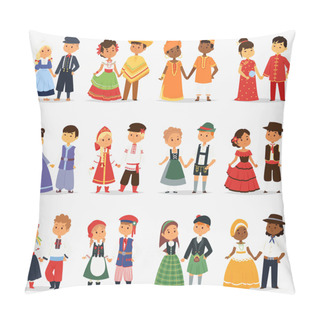 Personality  Lttle Kids Children Couples Character Of World Dress Girls And Boys In Different Traditional National Costumes And Cute Nationality Dress Vector Illustration. Pillow Covers