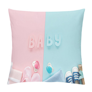 Personality  Top View Of Pacifiers, Gifts, Hat, Booties, Sneakers And Baby Lettering  Pillow Covers