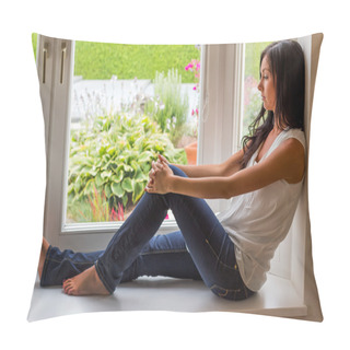 Personality  Woman Sitting On Window Pillow Covers