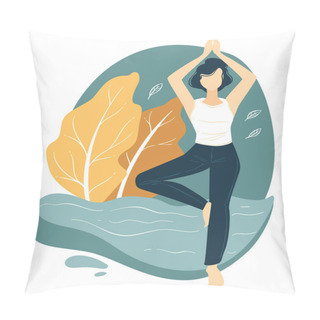 Personality  Active Lifestyle And Improvement Of Wellness. Woman Doing Yoga Outdoors, Female Character Practicing Asanas Outside In Autumn. Meditation And Balancing Lady, Life Wellbeing Vector In Flat Style Pillow Covers