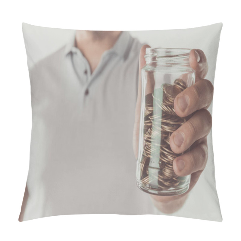 Personality  Cropped Image Of Man Holding Jar Of Coins Isolated On White, Saving Concept Pillow Covers