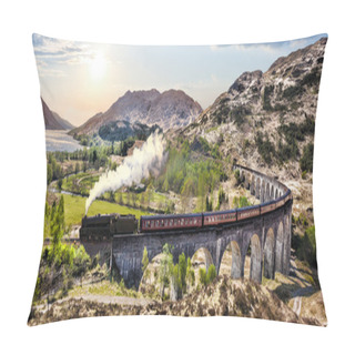 Personality  Glenfinnan Railway Viaduct In Scotland With The Jacobite Steam Train Against Sunset Over Lake Pillow Covers