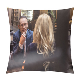Personality  Handsome Adult Man Talking To His Girlfriend At Restaurant Pillow Covers