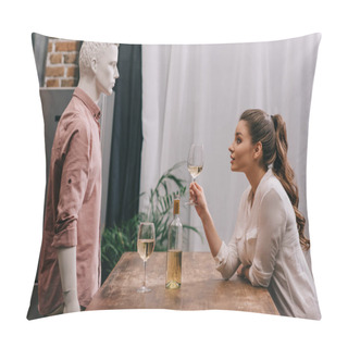 Personality  Side View Of Young Woman With Glass Of Wine At Table With Male Manikin, Unrequited Love Concept Pillow Covers