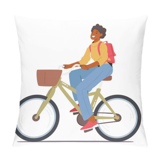 Personality  Woman Rides A Bicycle, Female Character Enjoys The Benefits Of Outdoor Exercise, Improve Her Cardiovascular Fitness, And Experience The Freedom And Joy Of Cycling. Cartoon People Vector Illustration Pillow Covers