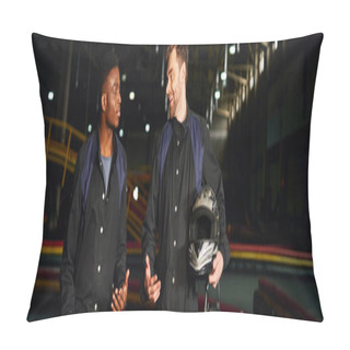 Personality  Happy Multicultural Men Chatting Inside Of Kart Circuit, Kart Racers Holding Helmets, Banner Pillow Covers