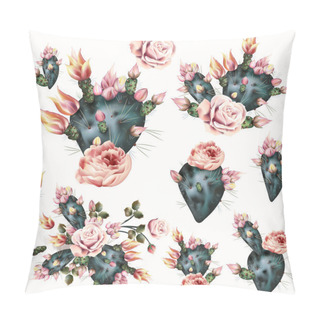 Personality  Cactus Illustration With Pink Flowers. Realistic Botanical Backg Pillow Covers