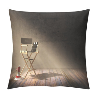 Personality  Director's Chair With Clapper Board And Megaphone In Dark Room Scene With Spotlight Light, 3D Rendering Pillow Covers