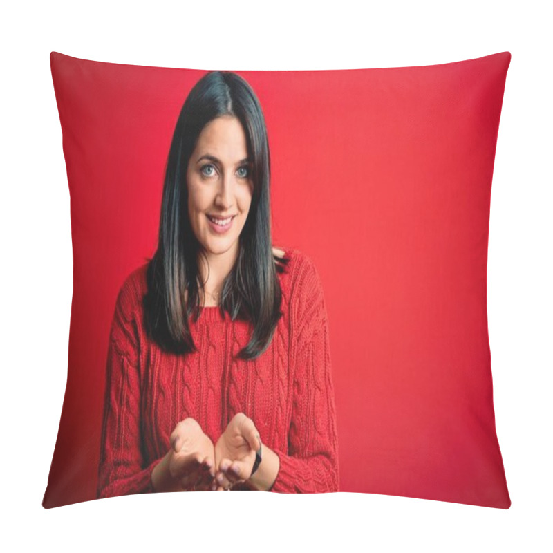 Personality  Young Brunette Woman With Blue Eyes Wearing Casual Sweater Over Isolated Red Background Smiling With Hands Palms Together Receiving Or Giving Gesture. Hold And Protection Pillow Covers
