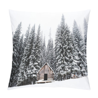 Personality  Old Wooden House Near Pine Trees Forest Covered With Snow On Hill With White Sky On Background Pillow Covers