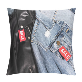 Personality  Close Up Of Denim And Leather Jackets With Sale Tags, Black Friday Concept  Pillow Covers