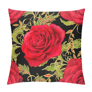Personality  Seamless Pattern. Golden Textured Curls. Brilliant Lace, Stylized Flowers, Red Rose. Openwork Weaving Delicate, Golden Background, Paisley. Pillow Covers