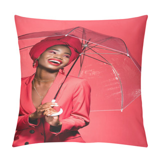 Personality  Happy African American Young Woman In Stylish Outfit And Turban Holding Umbrella Isolated On Red Pillow Covers